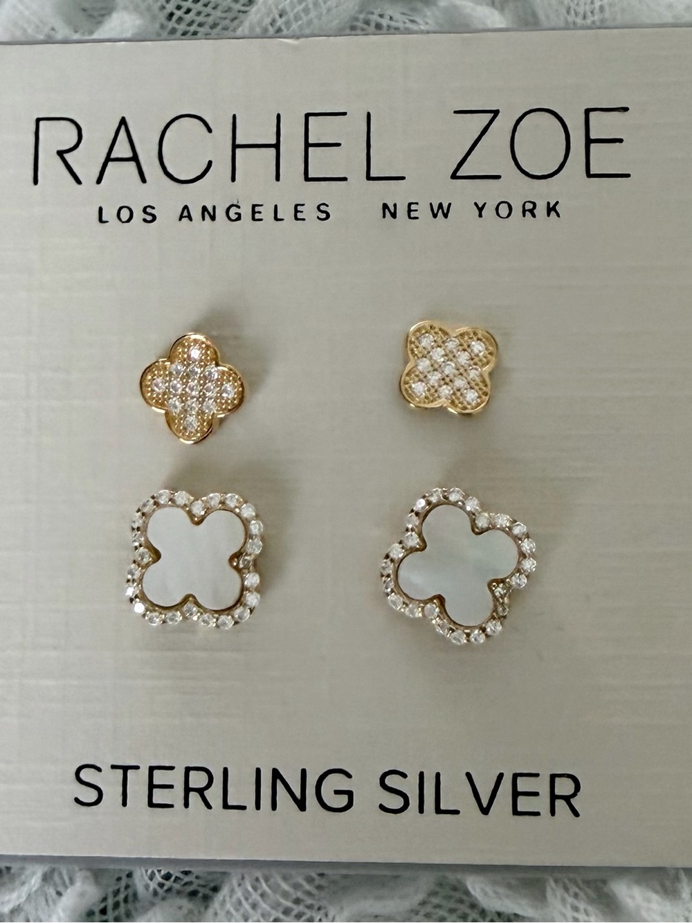 Rachel Zoe Gold and White Clover Stud Earring Set with Crystals